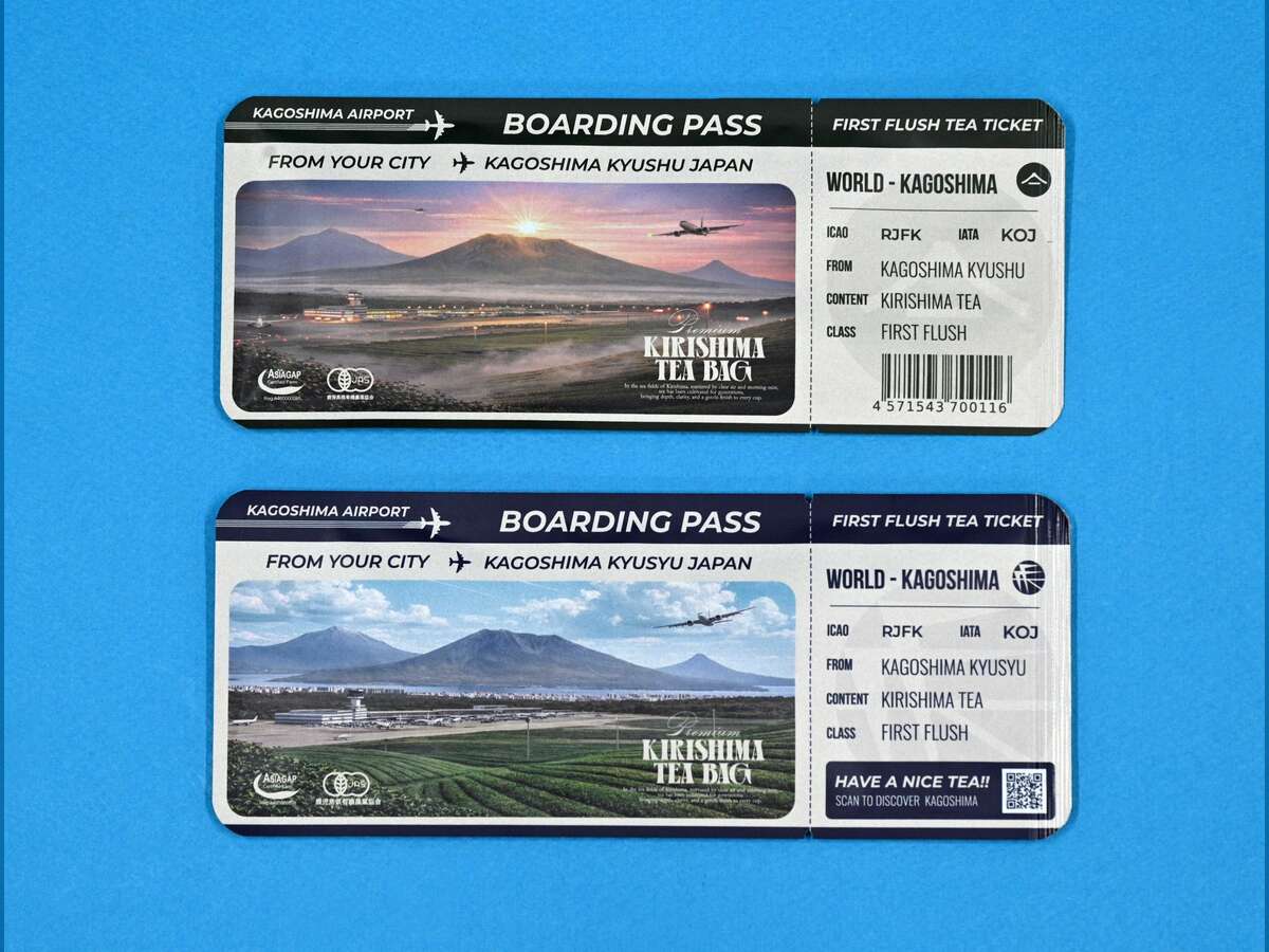 Boarding-pass-shaped tea bags popular as promotional items at Kagoshima Airport Building; collaboration with local Imamura Tea Garden and designer from the prefecture